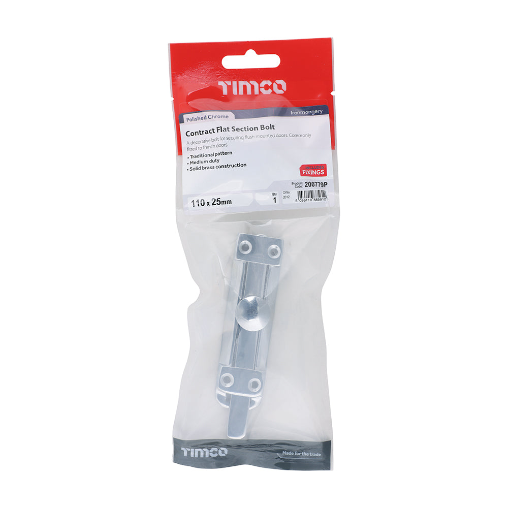 This is an image of Timco - Contract Flat Section Bolt - Polished Chrome 110 x 25mm (1 Each TIMpac) 200779P