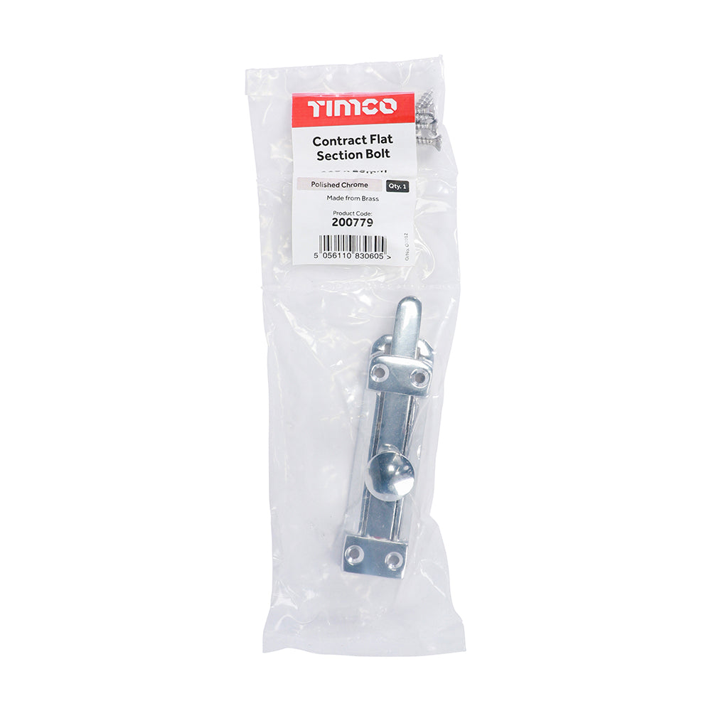 This is an image of Timco - Contract Flat Section Bolt - Polished Chrome 110 x 25mm (1 Each Bag) 200779