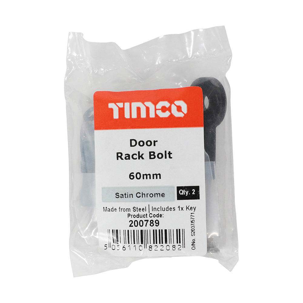This is an image of Timco - Door Rack Bolts - Satin Chrome 60mm (2 Pieces Bag) 200789