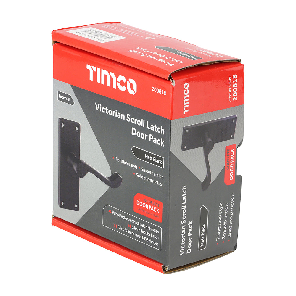 This is an image of Timco - Victorian Scroll Latch Door Pack - Matt Black Mixed (1 Each Box) 200818