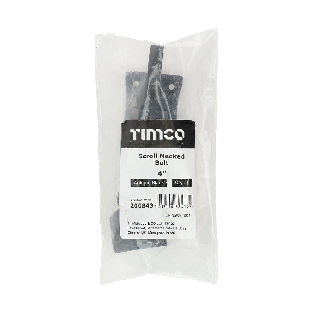 This is an image of Timco - Scroll Necked Bolt - Antique Black 4" (1 Each Bag) 200843