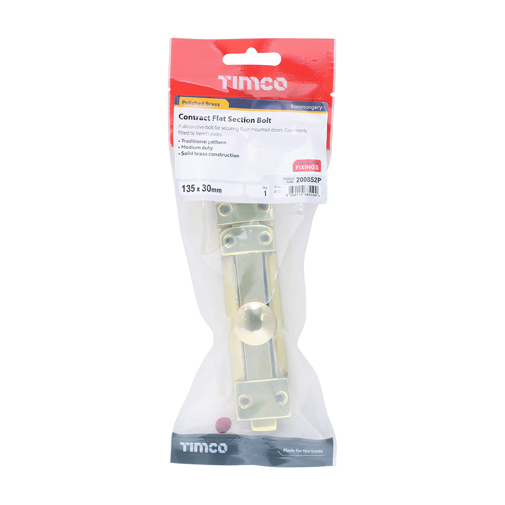 This is an image of Timco - Contract Flat Section Bolt - Polished Brass 135 x 30mm (1 Each TIMpac) 200852P