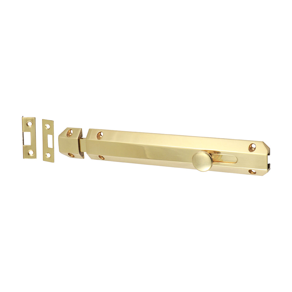 This is an image of Timco - Architectural Flat Section Bolt - Polished Brass 210 x 35mm (1 Each Bag) 200854