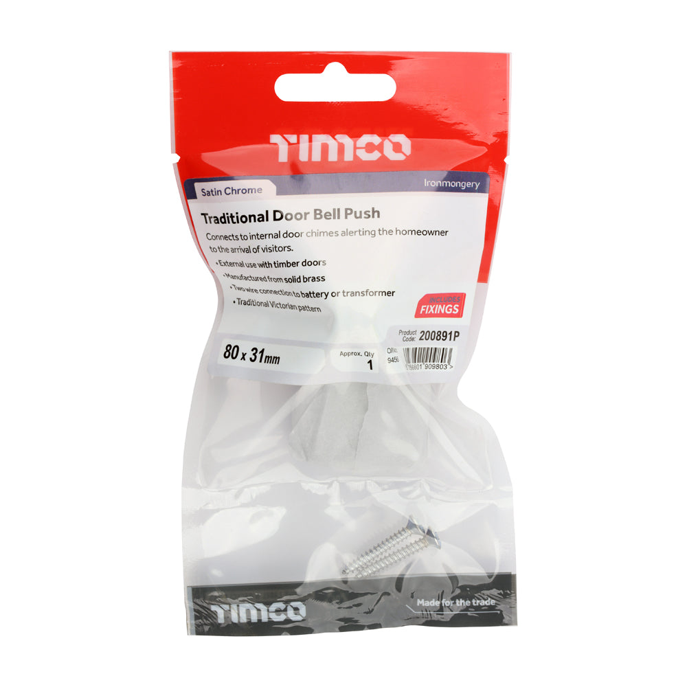 This is an image of Timco - Traditional Door Bell Push - Satin Chrome 80 x 31 (1 Each TIMpac) 200891P