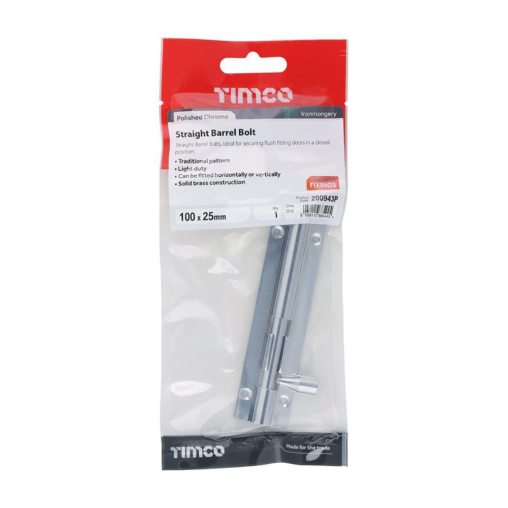 This is an image of Timco - Straight Barrel Bolt - Polished Chrome 100 x 25mm (1 Each TIMpac) 200943P