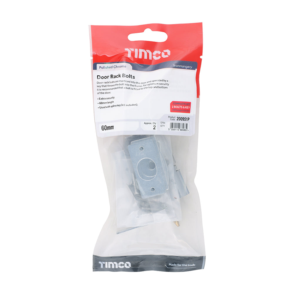 This is an image of Timco - Door Rack Bolts - Polished Chrome 60mm (2 Pieces TIMpac) 200951P