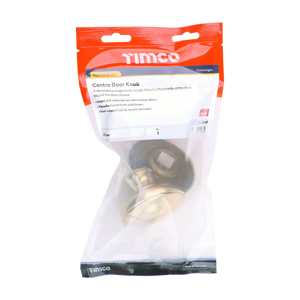 This is an image of Timco - Centre Door Knob - Polished Brass 66mm (1 Each TIMbag) 200954P