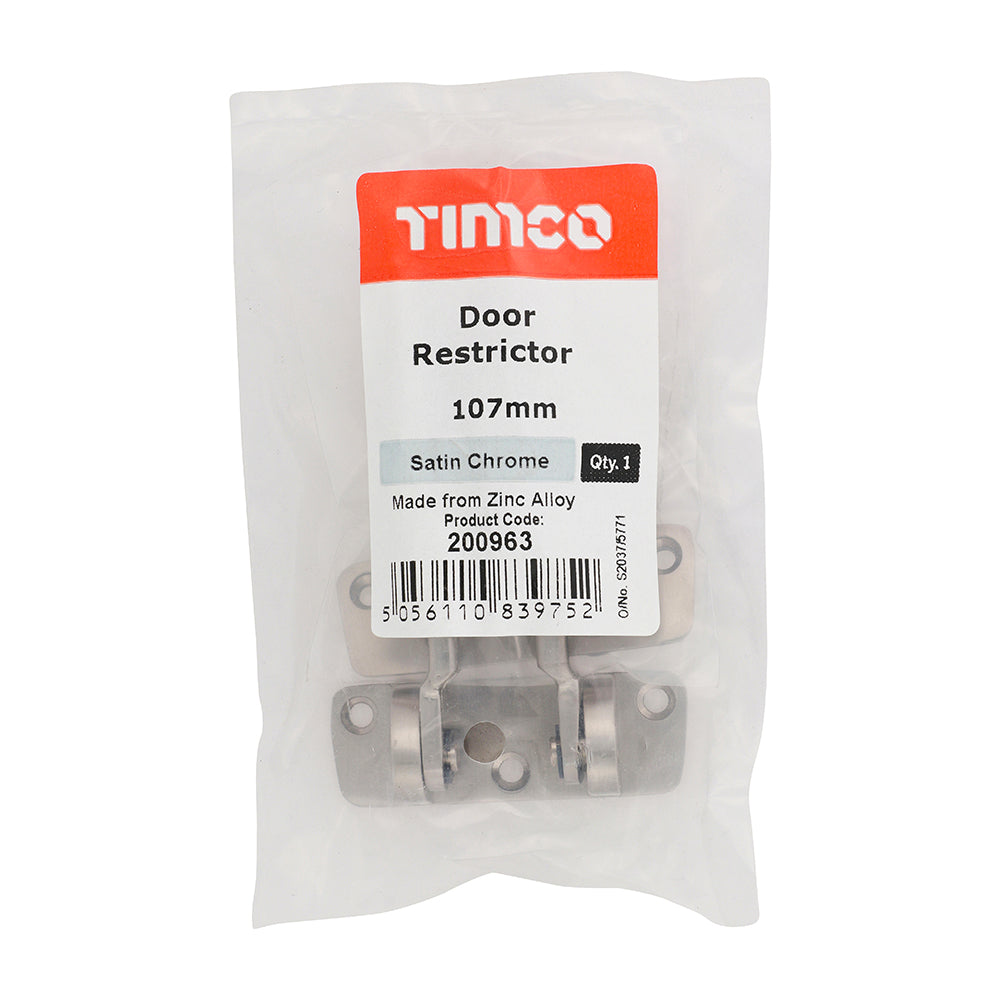 This is an image of Timco - Door Restrictor - Satin Chrome 107mm (1 Each Bag) 200963