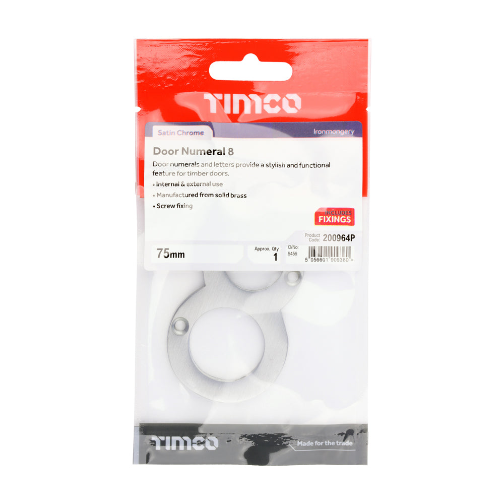 This is an image of Timco - Door Numeral 8 - Satin Chrome 75mm (1 Each TIMpac) 200964P