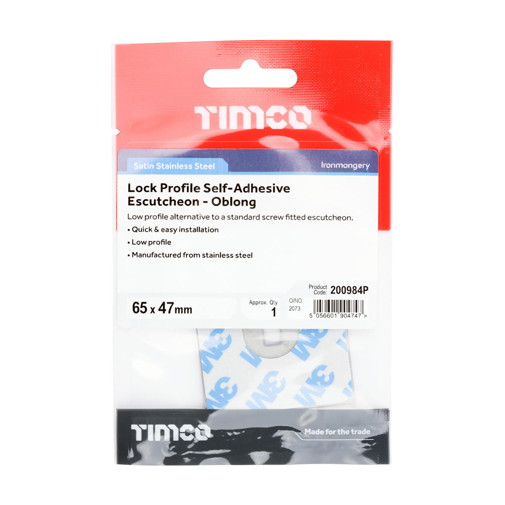 This is an image of Timco - Lock Profile Self-Adhesive Escutcheon - Oblong - Satin Stainless Steel 65 x 47 (1 Each TIMpac) 200984P