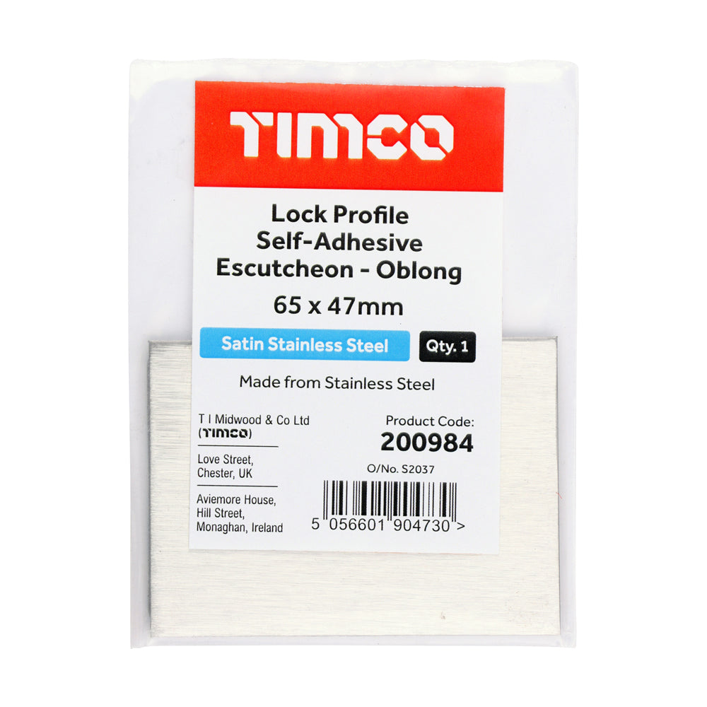 This is an image of Timco - Lock Profile Self-Adhesive Escutcheon - Oblong - Satin Stainless Steel 65 x 47 (1 Each Bag) 200984
