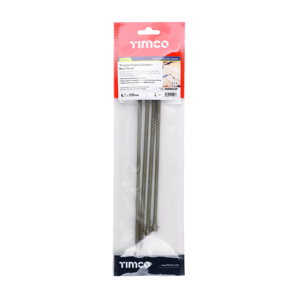 This is an image of Timco - Timber Screws - Hex Head - Exterior - Green 6.7 x 200mm - (4 PCS TIMpac) 200INDEXP