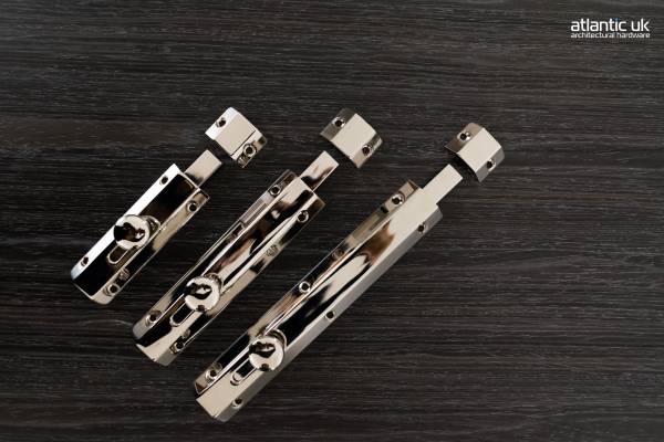 Quality image of Atlantic Solid Brass Surface Door Bolt 4" - Polished Nickel | Sku. asb4pn | available from Trade Door Handles.