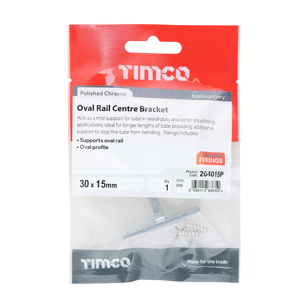This is an image of Timco - Centre Bracket - For Oval Tube - Polished Chrome 30 x 15 (1 Each TIMpac) 204015P