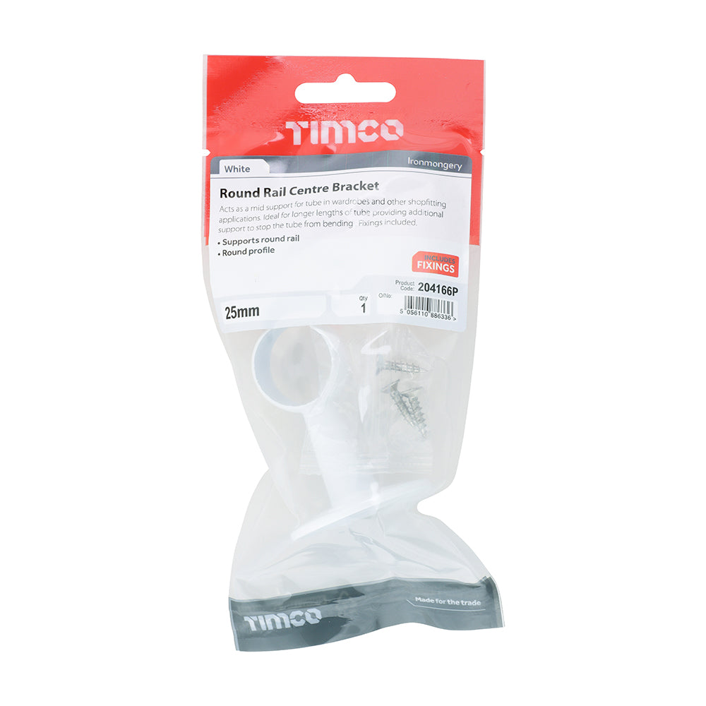 This is an image of Timco - Centre Bracket - For Round Tube - White 25mm (1 Each TIMpac) 204166P
