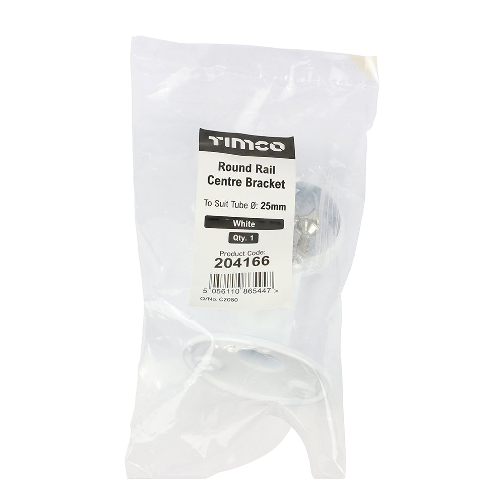 This is an image of Timco - Centre Bracket - For Round Tube - White 25mm (1 Each Bag) 204166