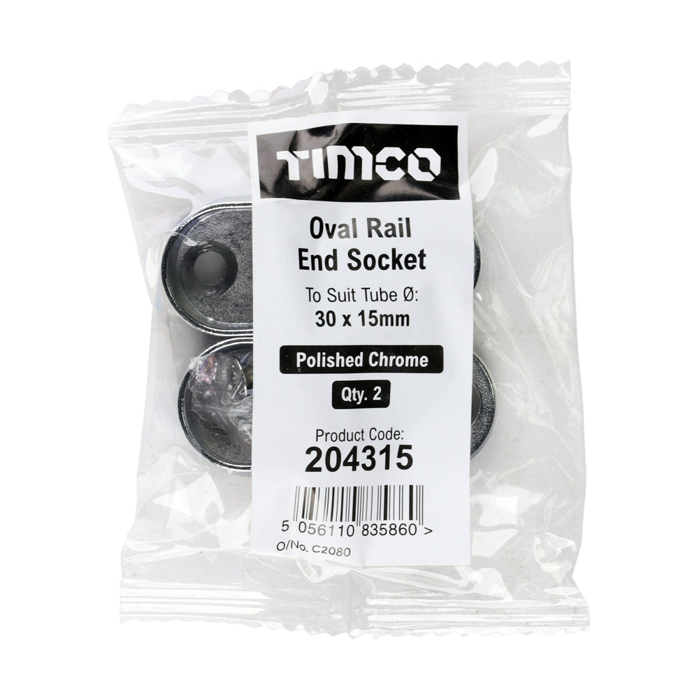 This is an image of Timco - End Socket - For Oval Tube - Polished Chrome 30 x 15 (2 Pieces Bag) 204315