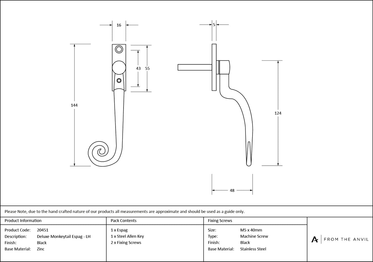 From The Anvil - Black Deluxe Monkeytail Espag - LH | Sku. 20451 | Trade Door Handles.