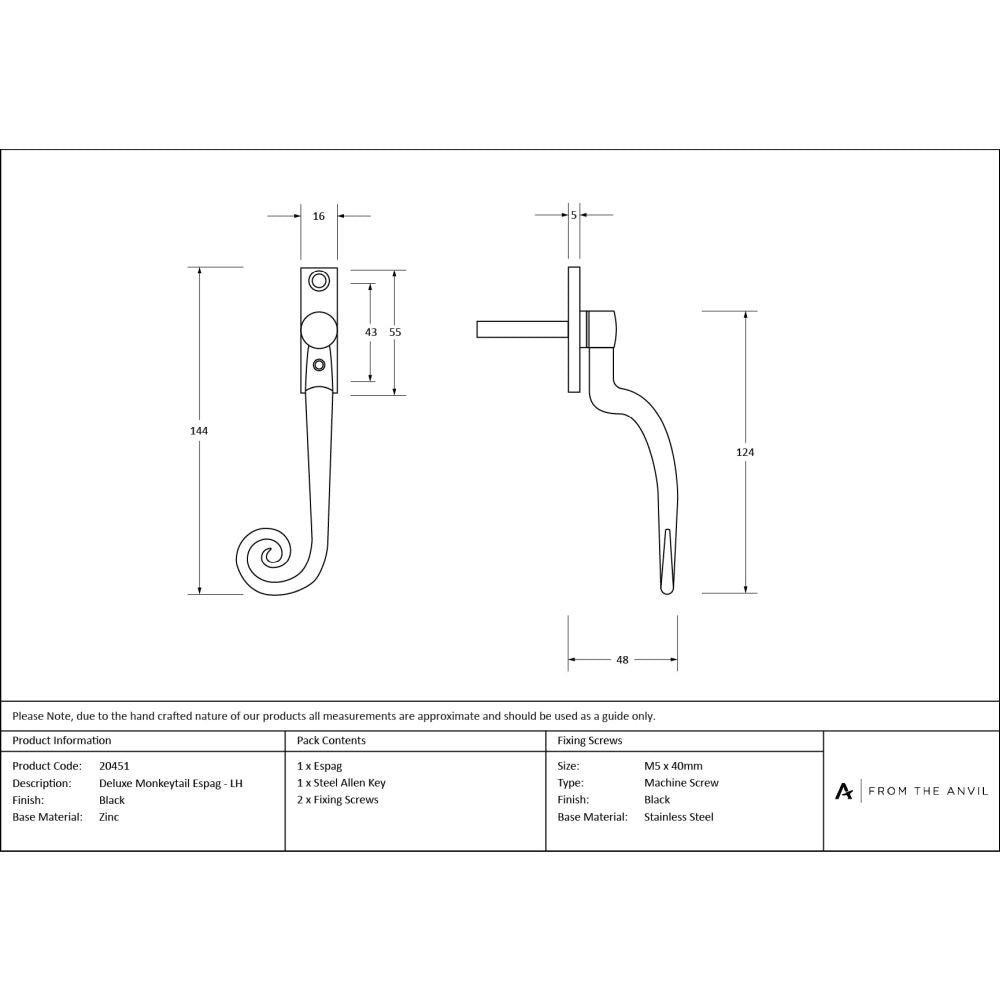 From The Anvil - Black Deluxe Monkeytail Espag - LH | Sku. 20451 | Trade Door Handles.