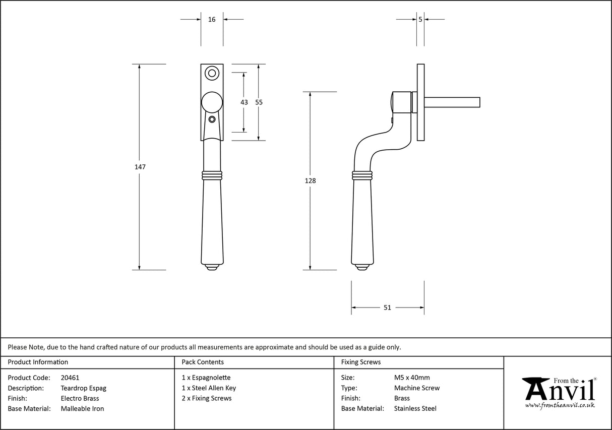 From The Anvil - Electro Brass Teardrop Espag | Sku. 20461 | Trade Door Handles.