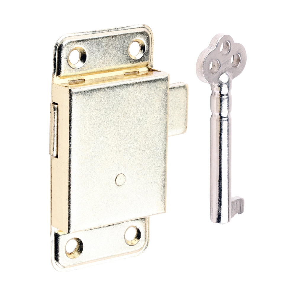 This is an image of Timco - Small Cupboard Lock - Electro Brass 64 x 32 (1 Each Bag) 204672