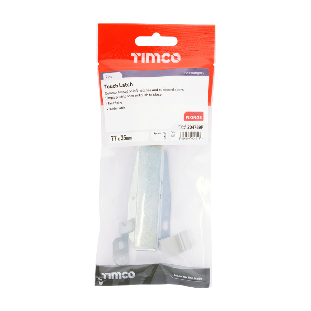 This is an image of Timco - Touch Latch - Zinc 77 x 35 (1 Each TIMpac) 204789P