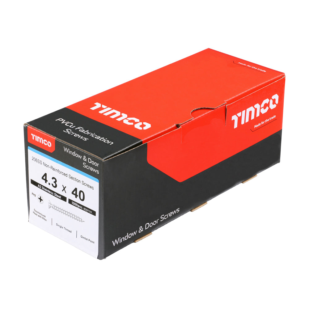 This is an image of Timco - Window Fabrication Screws - Countersunk with Ribs - PH - Single Thread - Gimlet Tip - Stainless Steel 4.3 x 40mm - (1000 PCS Box) 206SS