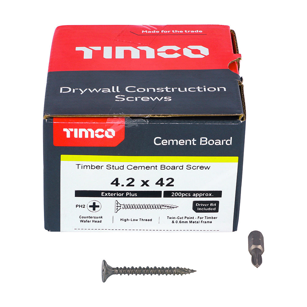 This is an image of Timco - Drywall Construction Timber Stud Cement Board Screws - PH - Countersunk Wafer - Twin-Cut - Exterior - Silver Organic 4.2 x 42mm - (200 PCS Box) 217796