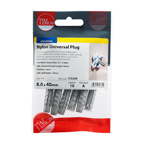 This is an image of Timco - Nylon Universal Plugs 8.0 x 40mm - (100 PCS TIMbag) 224209