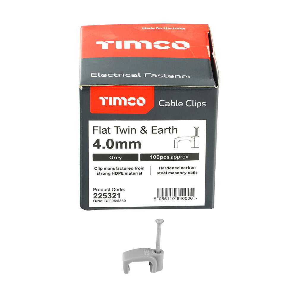This is an image of Timco - Flat Twin & Earth Cable Clips - Grey To fit 4.0mm - (100 PCS Box) 225321