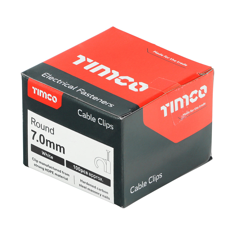 This is an image of Timco - Round Cable Clips - White To fit 7.0mm - (100 PCS Box) 225357