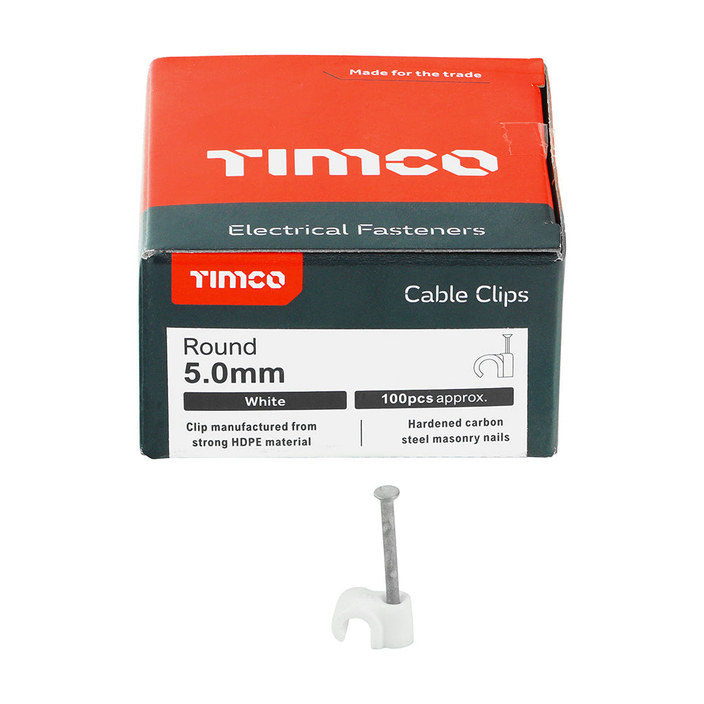 This is an image of Timco - Round Cable Clips - White To fit 5.0mm - (100 PCS Box) 225369