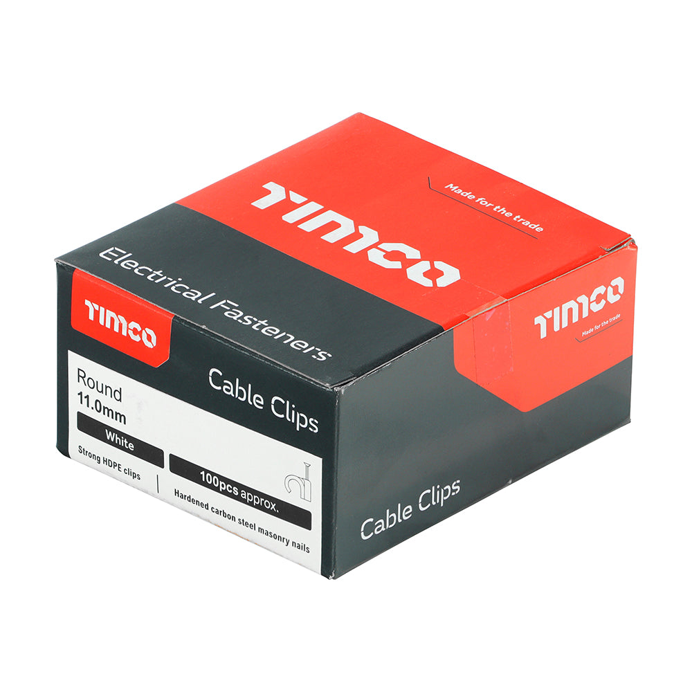 This is an image of Timco - Round Cable Clips - White To fit 11.0mm - (100 PCS Box) 225591