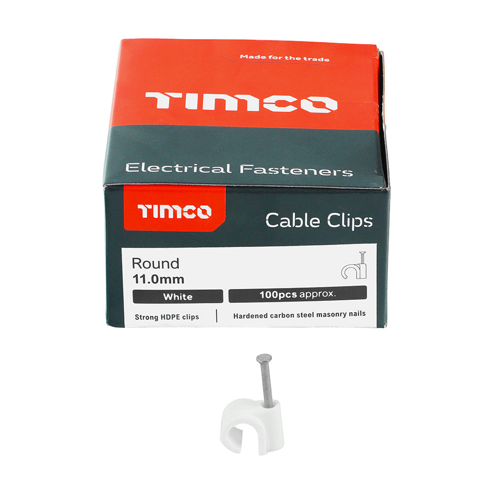 This is an image of Timco - Round Cable Clips - White To fit 11.0mm - (100 PCS Box) 225591