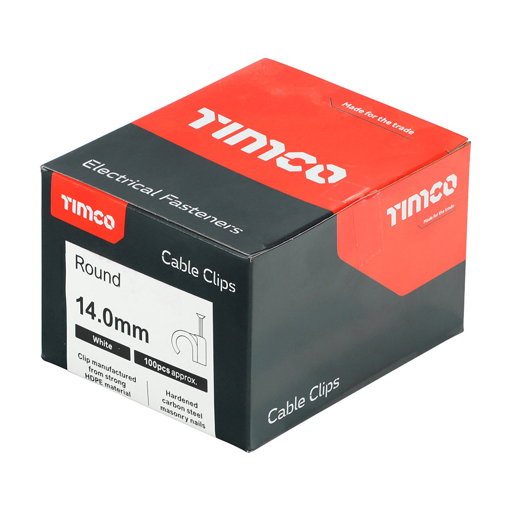 This is an image of Timco - Round Cable Clips - White To fit 14.0mm - (100 PCS Box) 225607