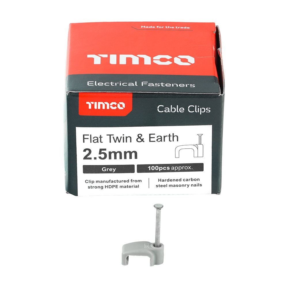 This is an image of Timco - Flat Twin & Earth Cable Clips - Grey To fit 2.5mm - (100 PCS Box) 225654