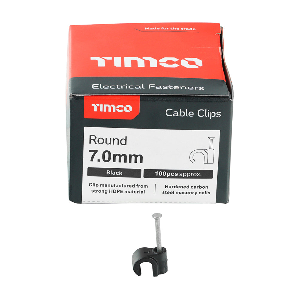 This is an image of Timco - Round Cable Clips - Black To fit 7.0mm - (100 PCS Box) 225999