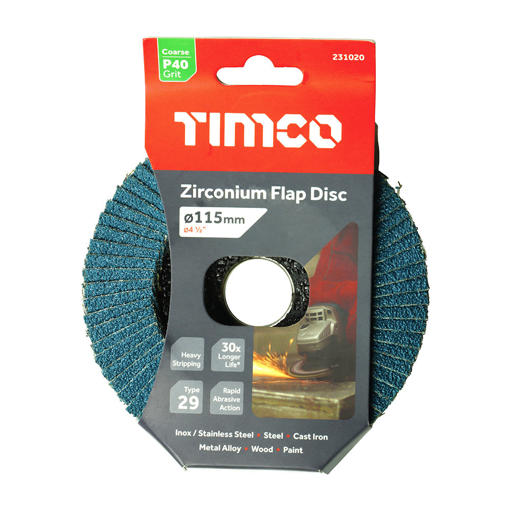 This is an image of Timco - Flap Disc - Zirconium - Type 29 Conical - P40 Grit 115 x 22.23 (1 Each Pack) 231020
