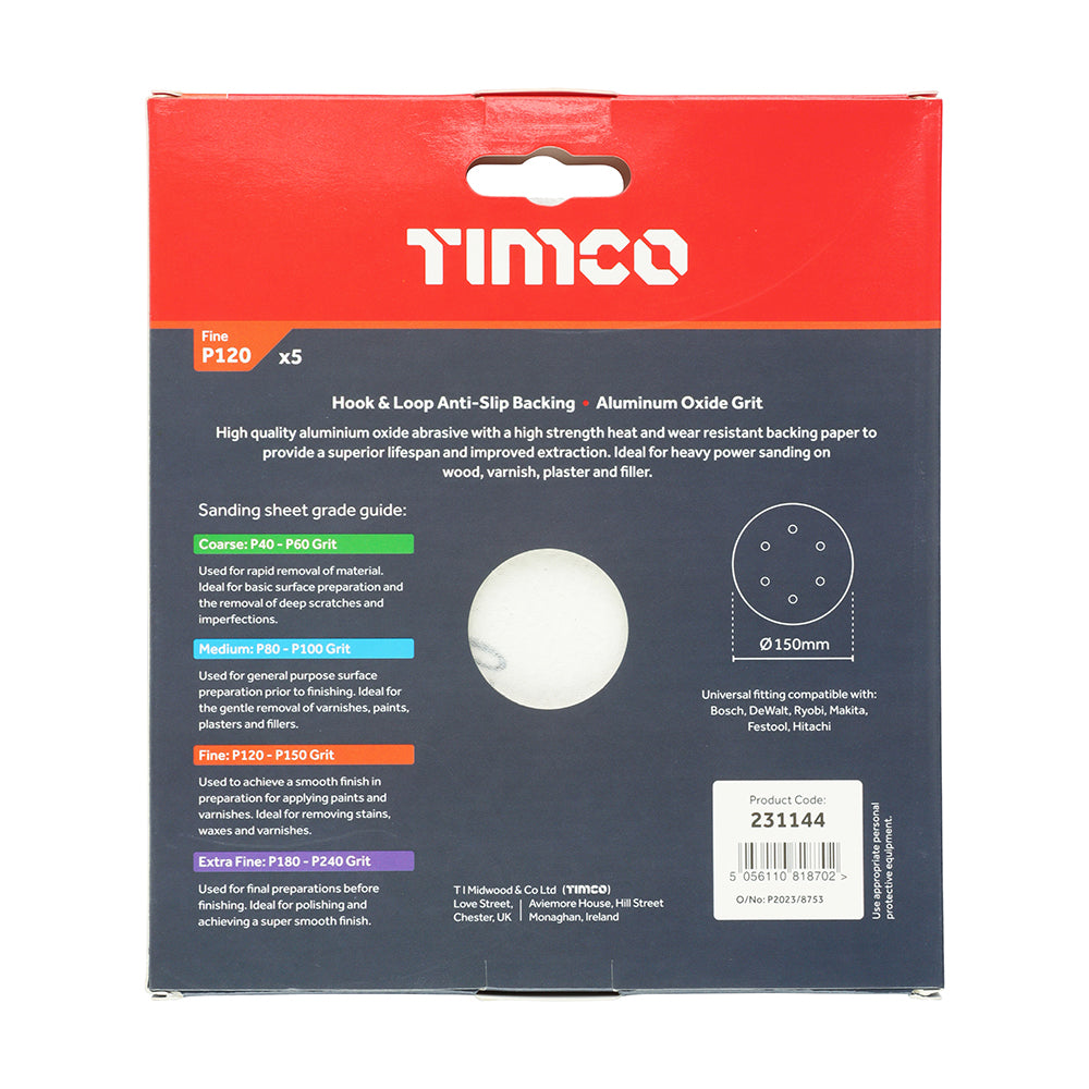 This is an image of Timco - Random Orbital Sanding Discs - 120 Grit - Red 150mm (5 Pieces Pack) 231144