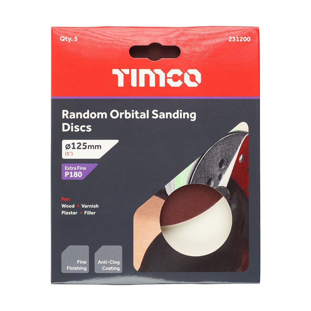 This is an image of Timco - Random Orbital Sanding Discs - 180 Grit - Red 125mm (5 Pieces Pack) 231200