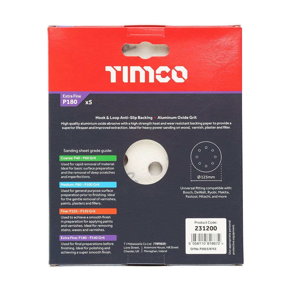 This is an image of Timco - Random Orbital Sanding Discs - 180 Grit - Red 125mm (5 Pieces Pack) 231200