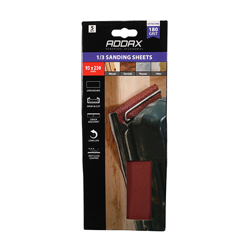 This is an image of Timco - 1/3 Sanding Sheets - 180 Grit - Red - Unpunched 93 x 230mm (5 Pieces Pack) 231222