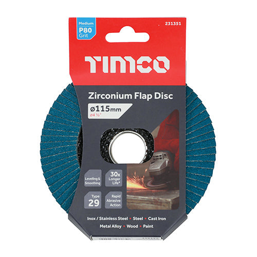 This is an image of Timco - Flap Disc - Zirconium - Type 29 Conical - P80 Grit 115 x 22.23 (1 Each Pack) 231351