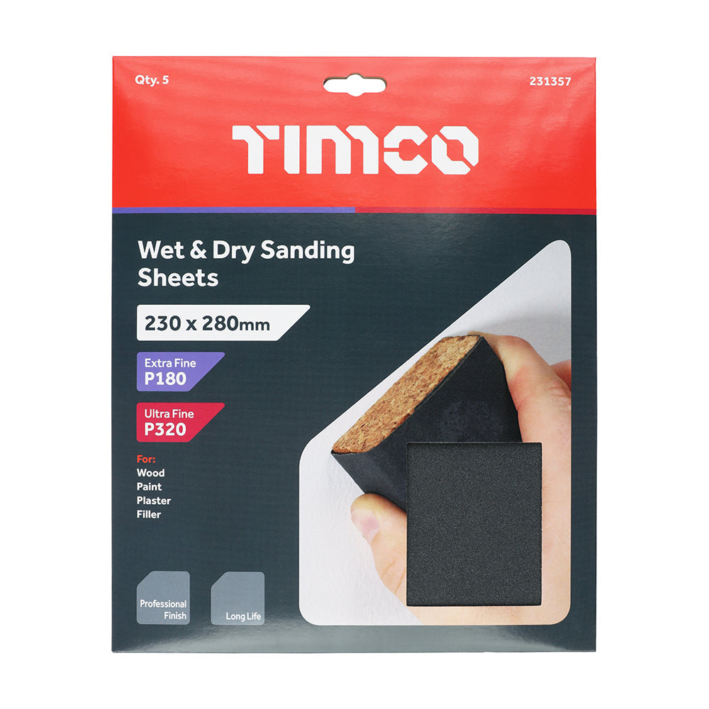 This is an image of Timco - Wet & Dry Sanding Sheets - Mixed - Black 230 x 280mm (180/320) (5 Pieces Pack) 231357