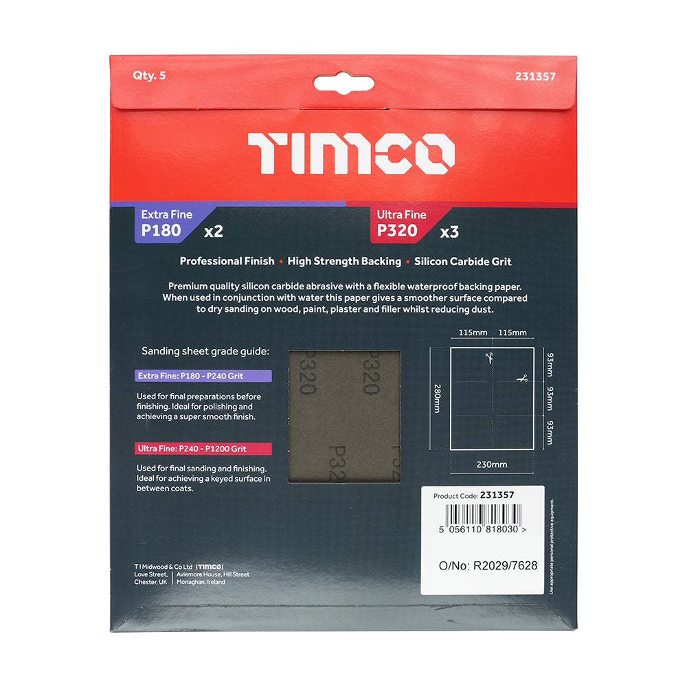 This is an image of Timco - Wet & Dry Sanding Sheets - Mixed - Black 230 x 280mm (180/320) (5 Pieces Pack) 231357