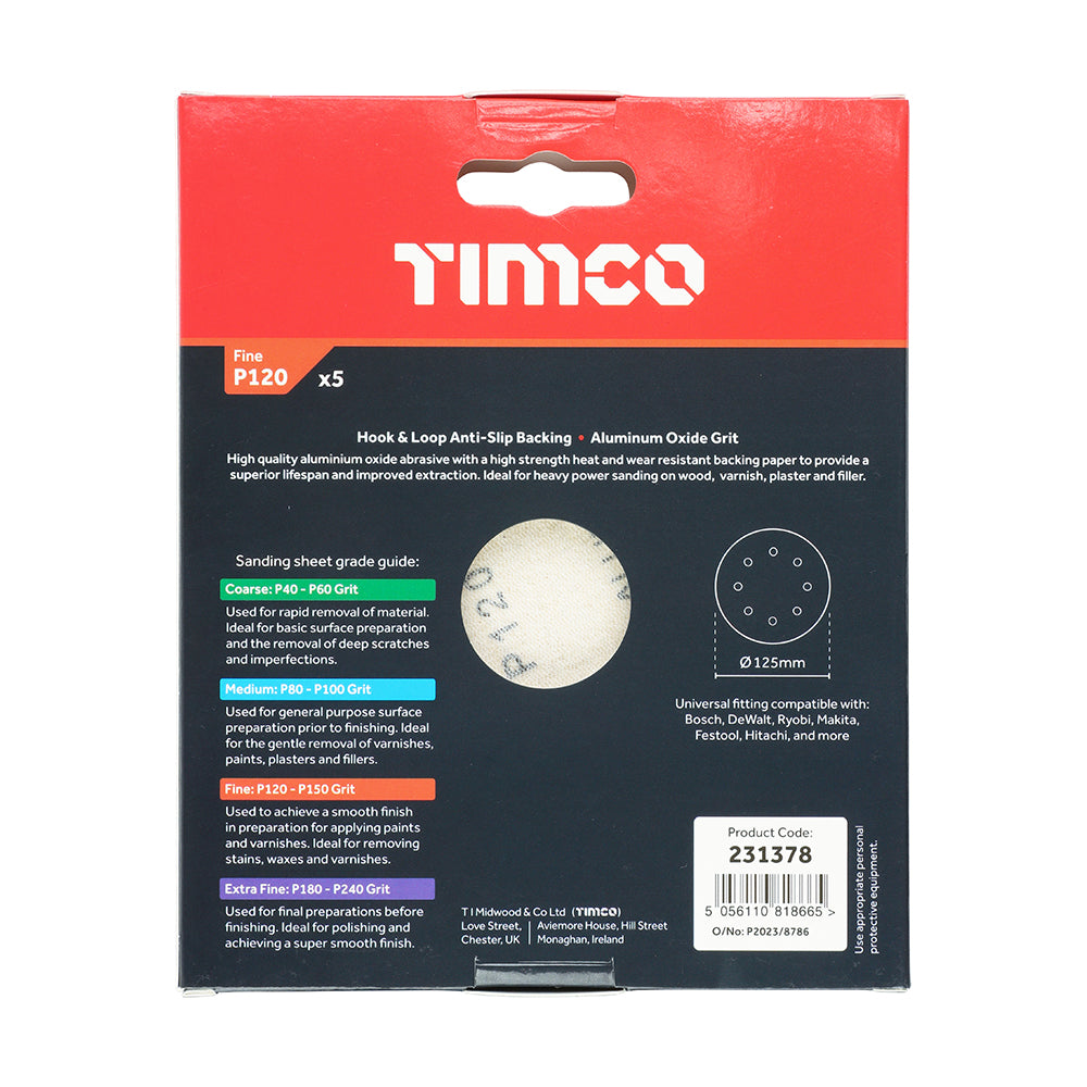 This is an image of Timco - Random Orbital Sanding Discs - 120 Grit - Red 125mm (5 Pieces Pack) 231378