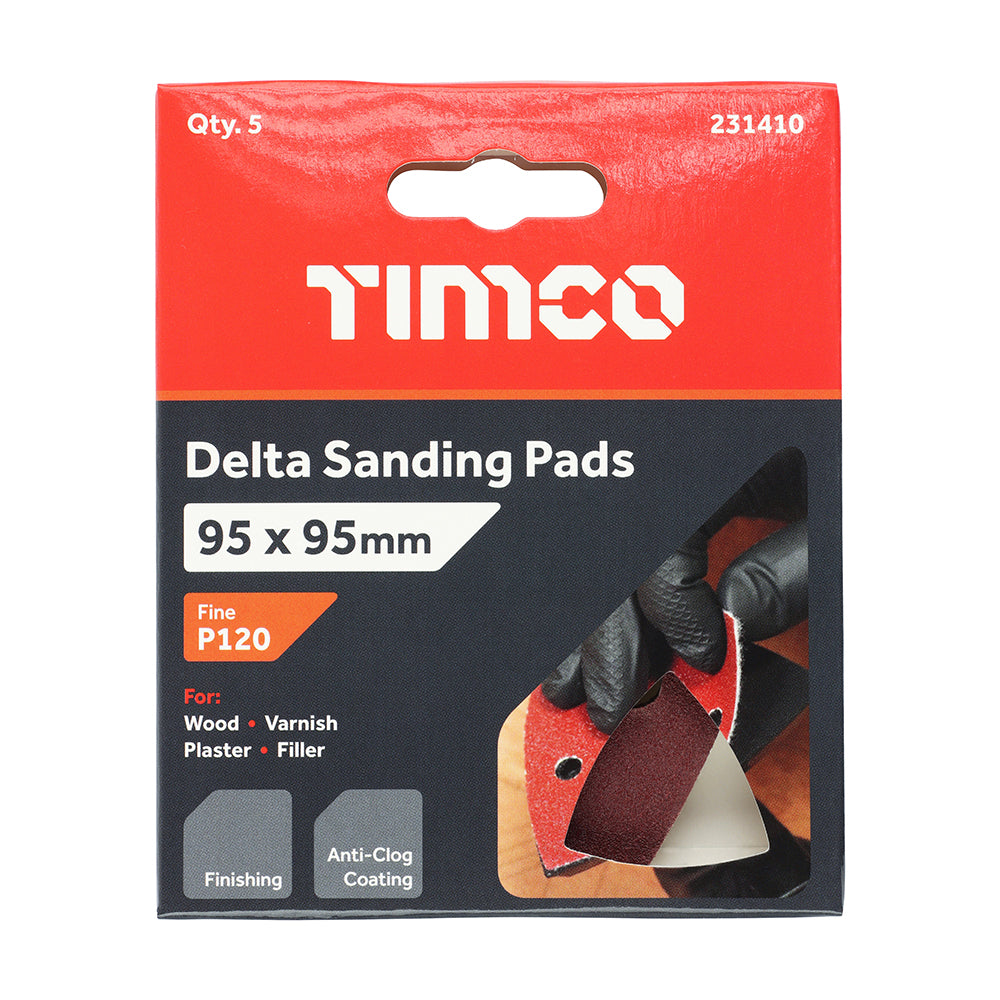 This is an image of Timco - Delta Sanding Pads - 120 Grit - Red 95 x 95mm (5 Pieces Pack) 231410