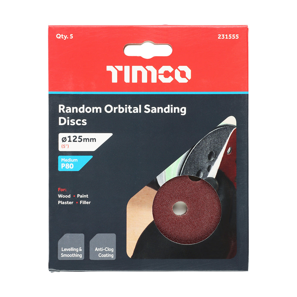 This is an image of Timco - Random Orbital Sanding Discs - 80 Grit - Red 125mm (5 Pieces Pack) 231555