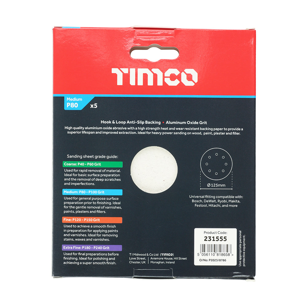 This is an image of Timco - Random Orbital Sanding Discs - 80 Grit - Red 125mm (5 Pieces Pack) 231555