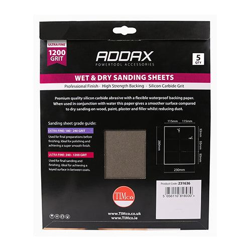 This is an image of Timco - Wet & Dry Sanding Sheets - 1200 Grit - Black 230 x 280mm (5 Pieces Pack) 231636